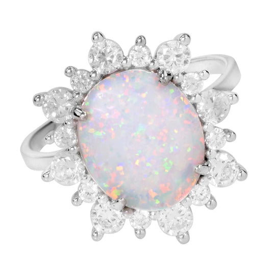 Opal cluster ring oval sterling silver and cubic zirconia
