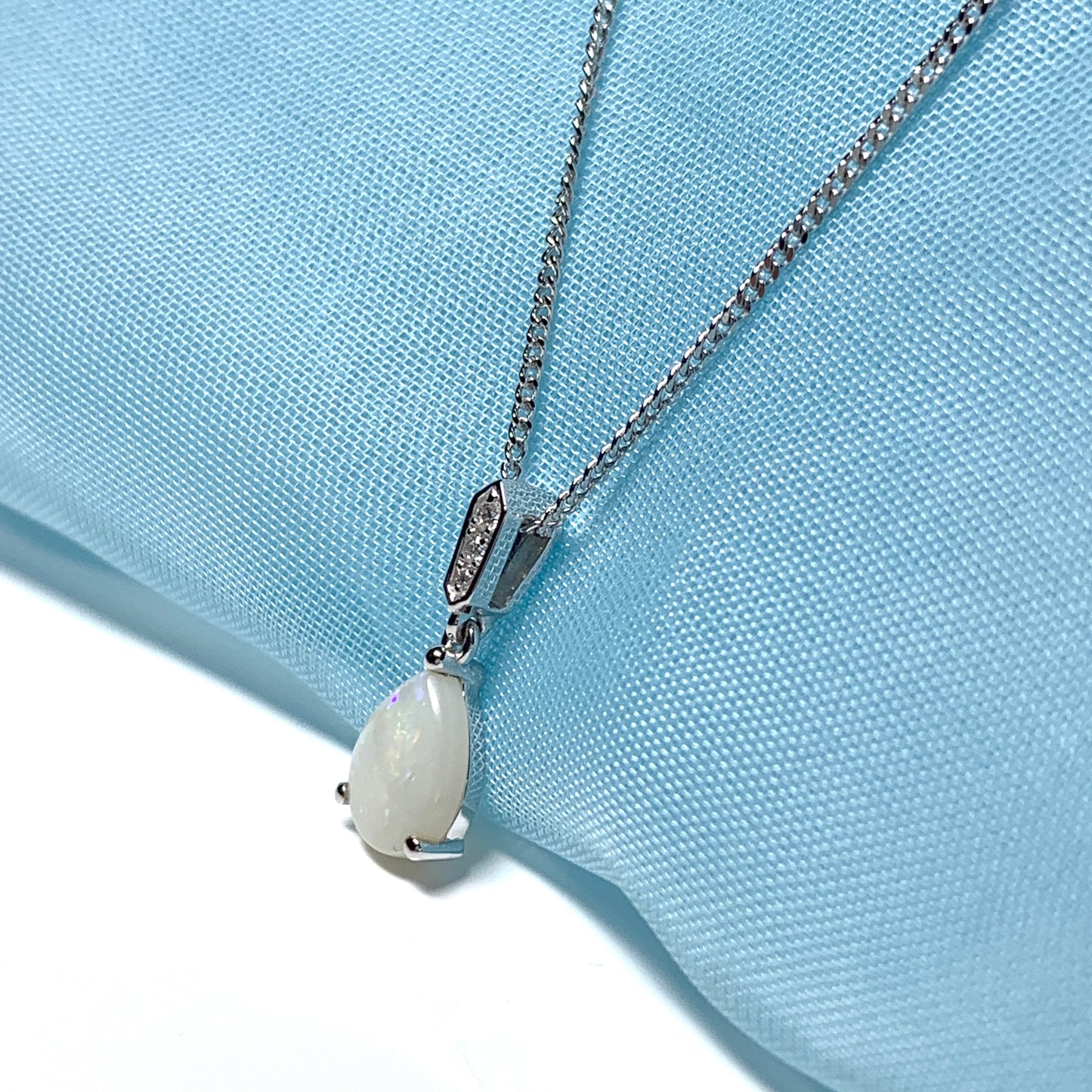 White gold real opal and diamond pear shaped necklace