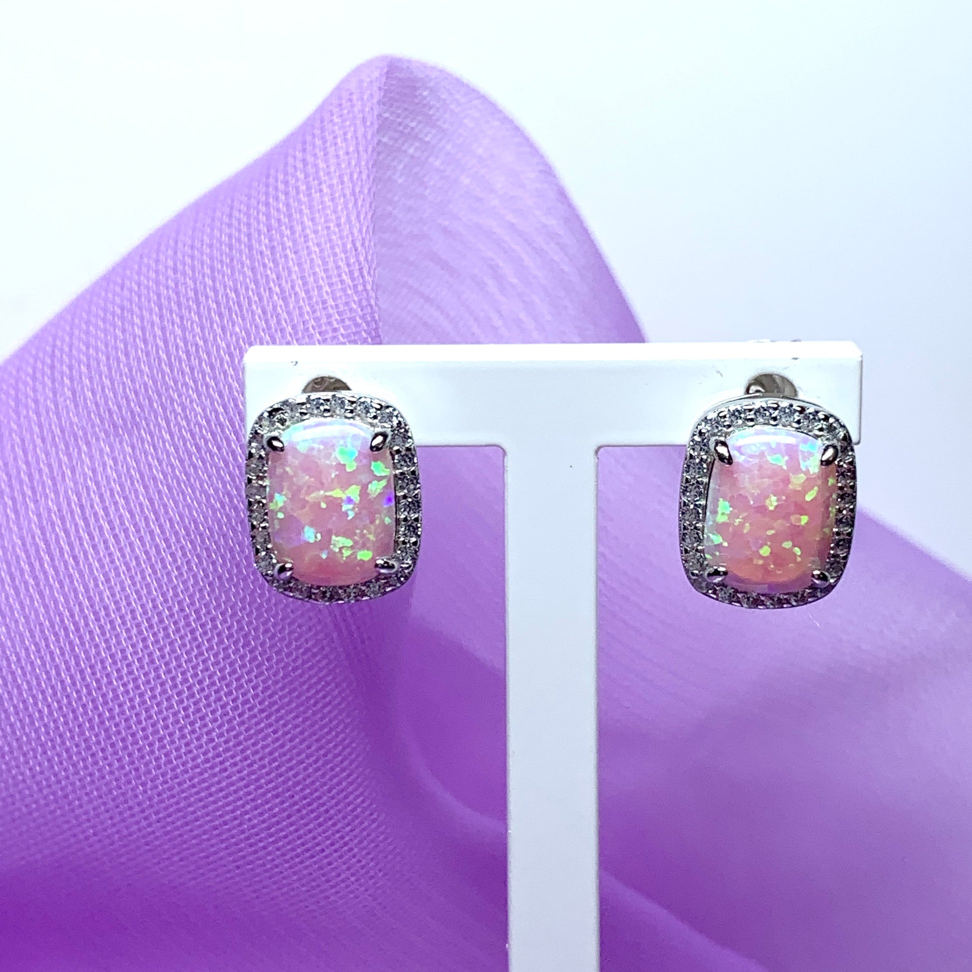 Opal earrings stud square sterling silver