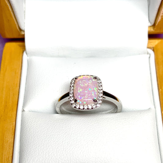 Pink opal ring cluster square sterling silver cubic zirconia