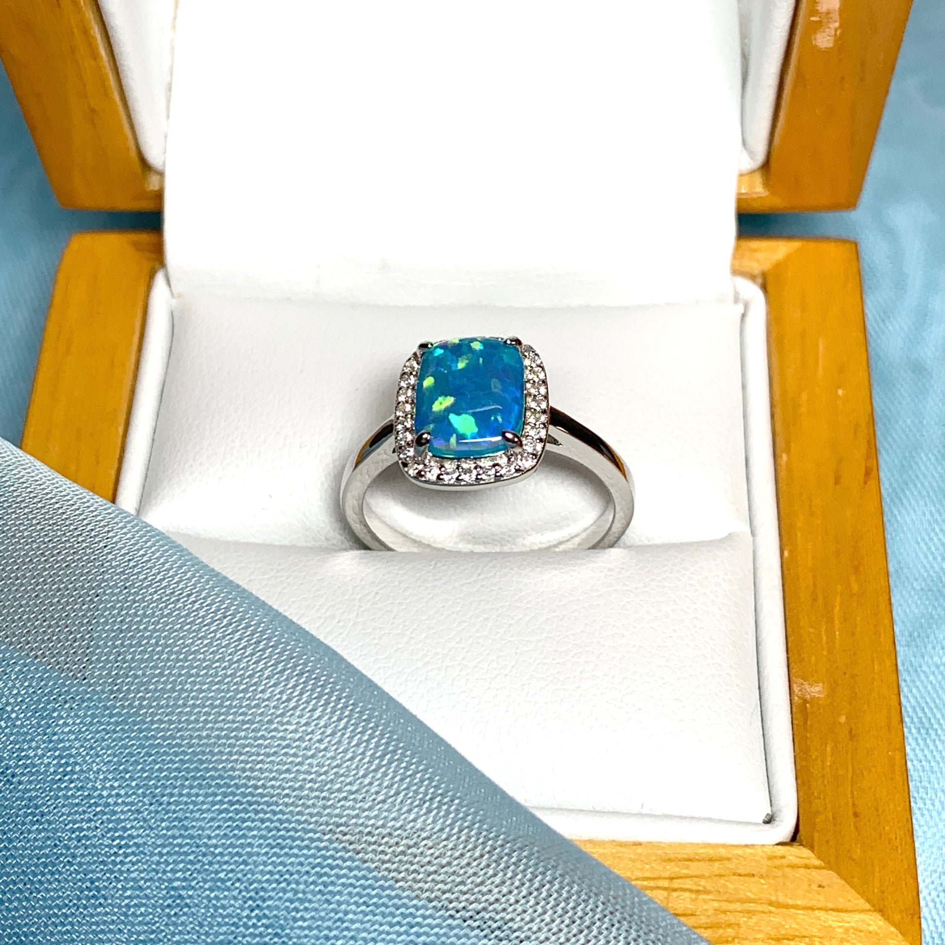 Blue opal ring cluster square sterling silver cubic zirconia