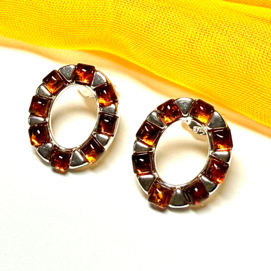 Open oval real amber earrings sterling silver stud dropped