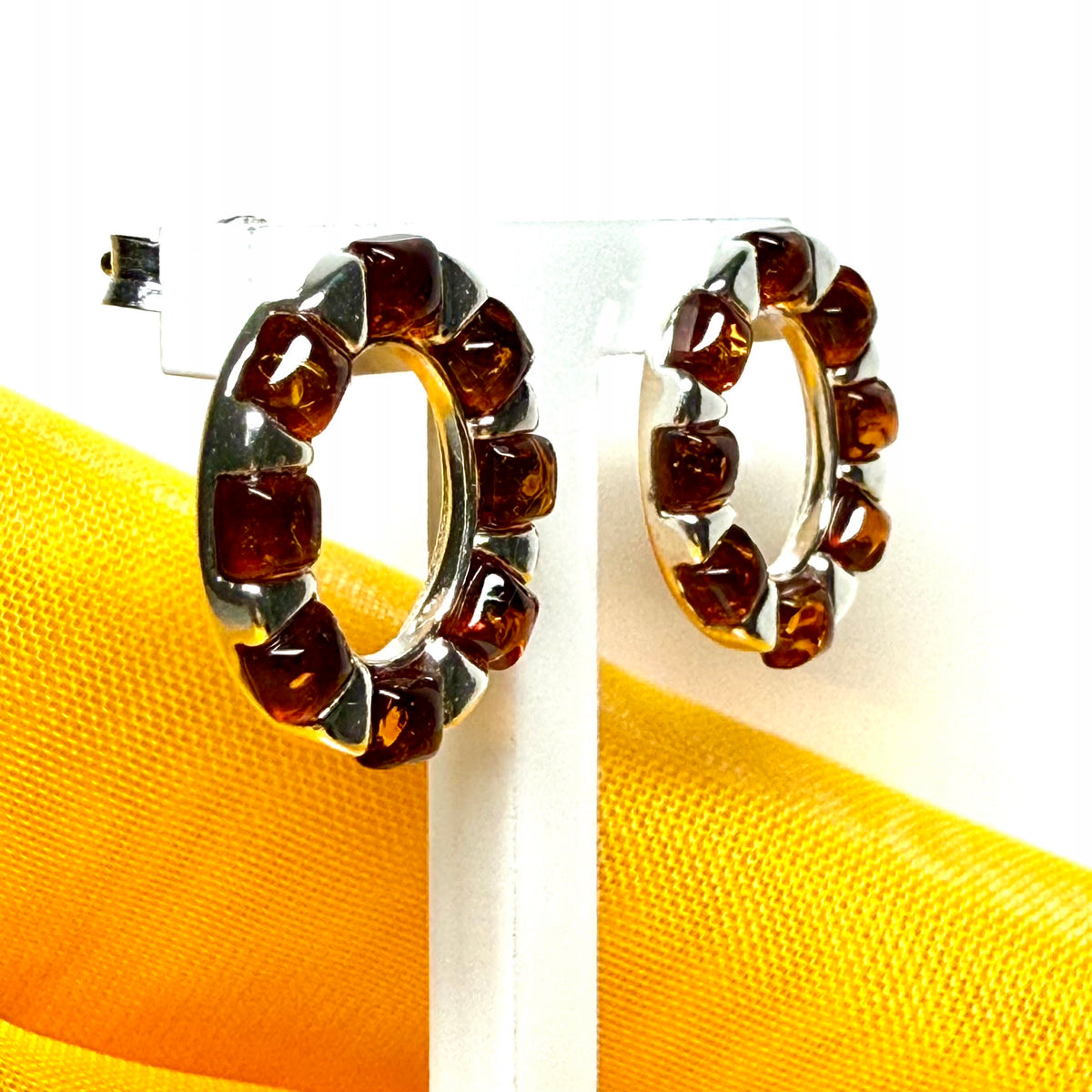 Open oval real amber earrings sterling silver stud dropped
