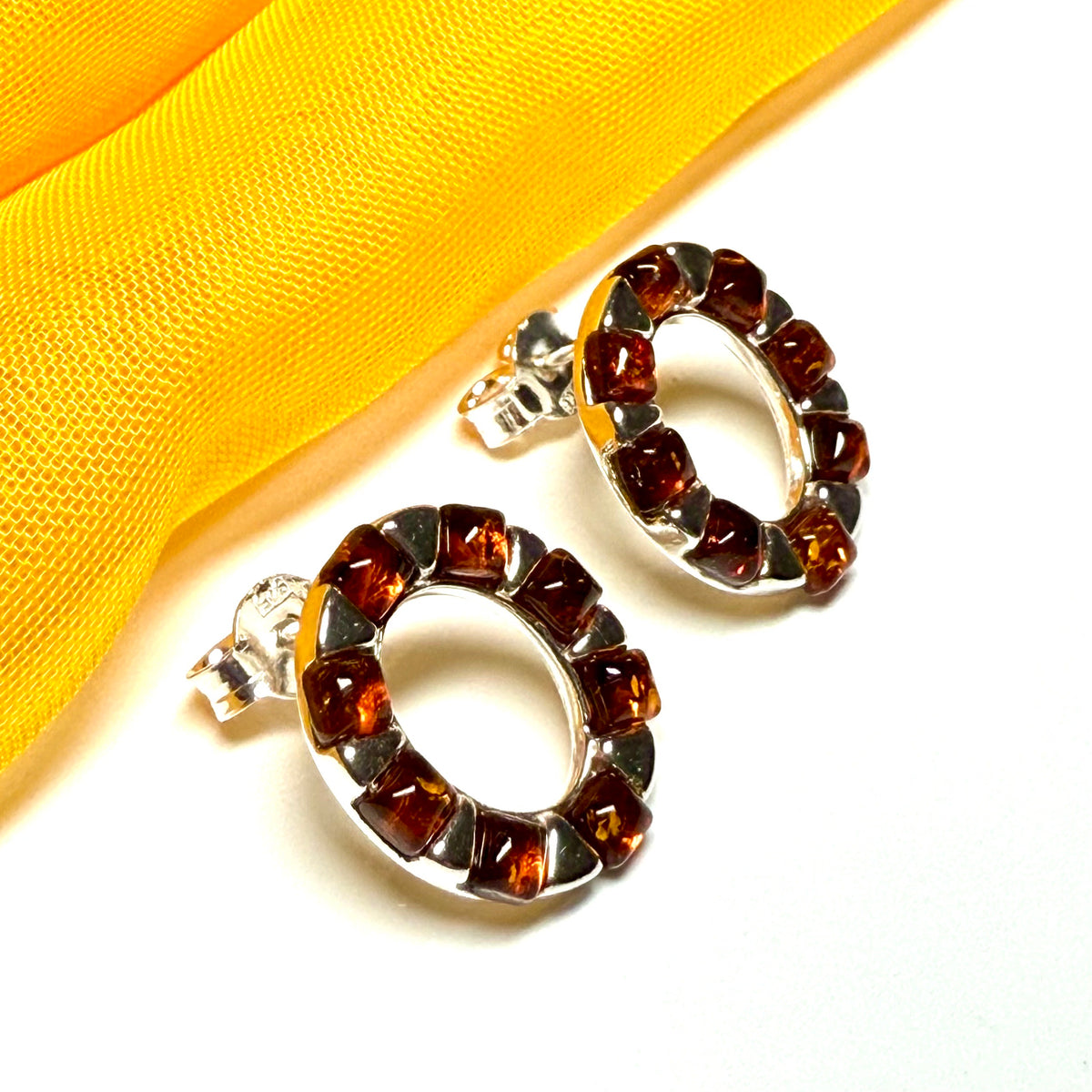 Open oval real amber earrings sterling silver stud dropped