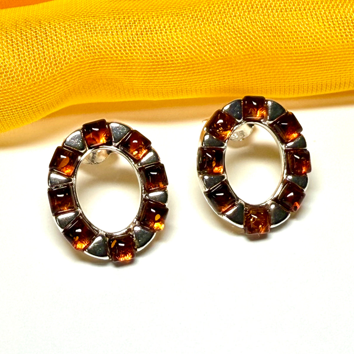 Open oval real amber earrings sterling silver stud dropped