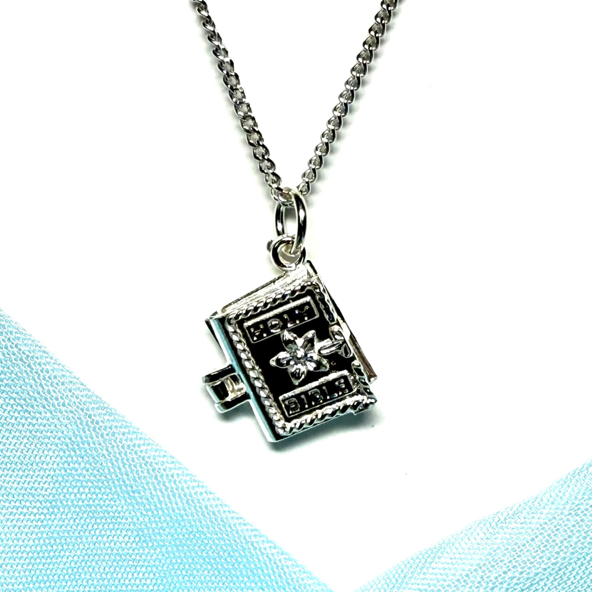 Opening Bible charm necklace solid sterling silver