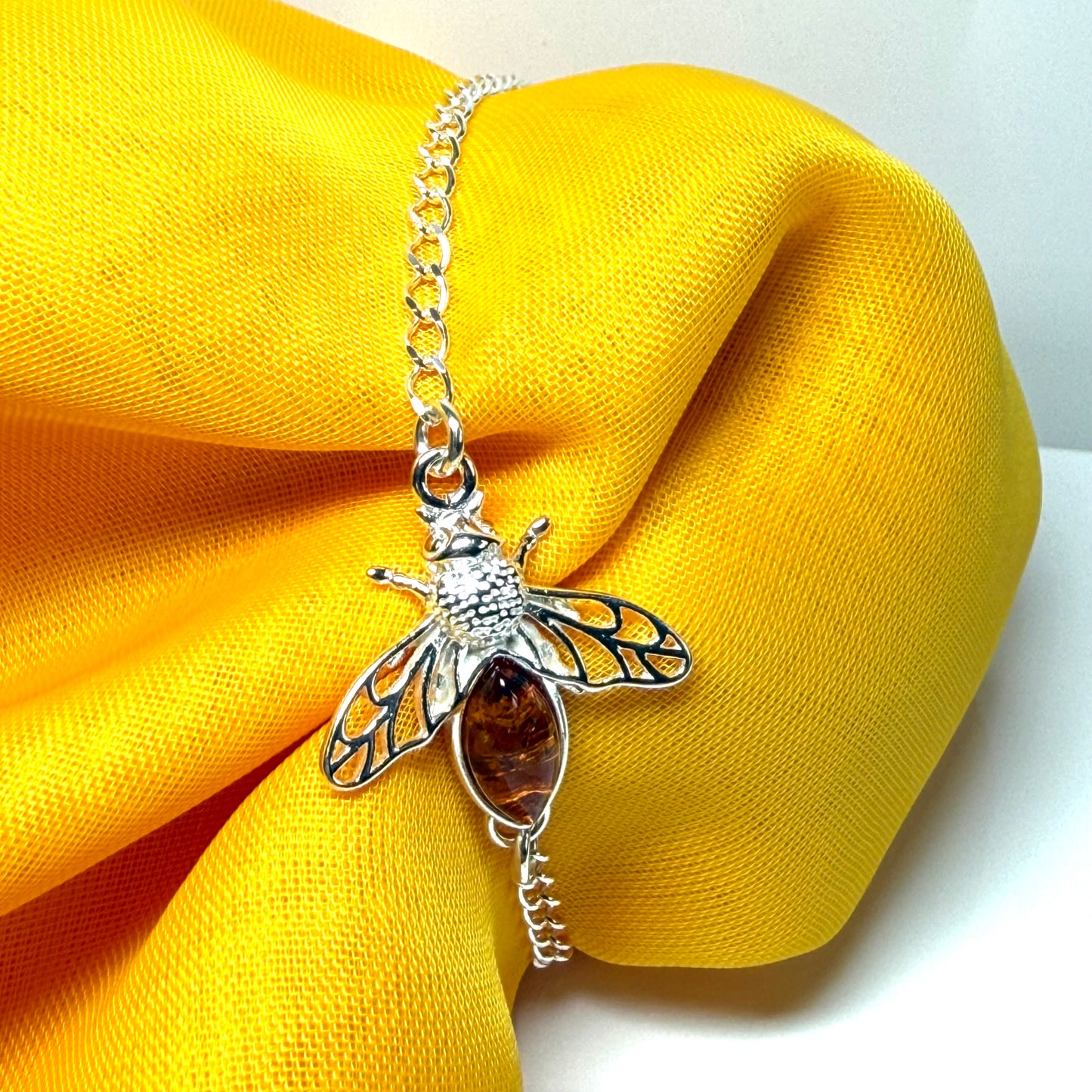 Orange real amber bumble bee bracelet sterling silver