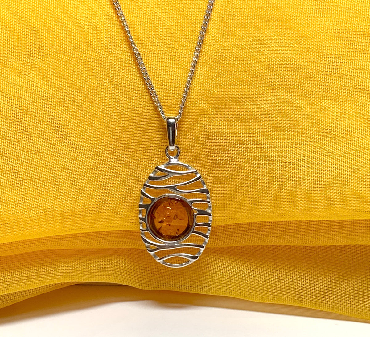 Orange real amber necklace oval open drop pierced pendant sterling silver