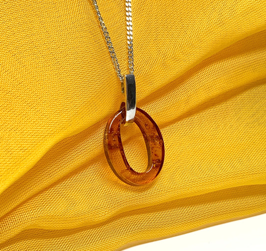 Orange real amber necklace oval open drop pendant sterling silver