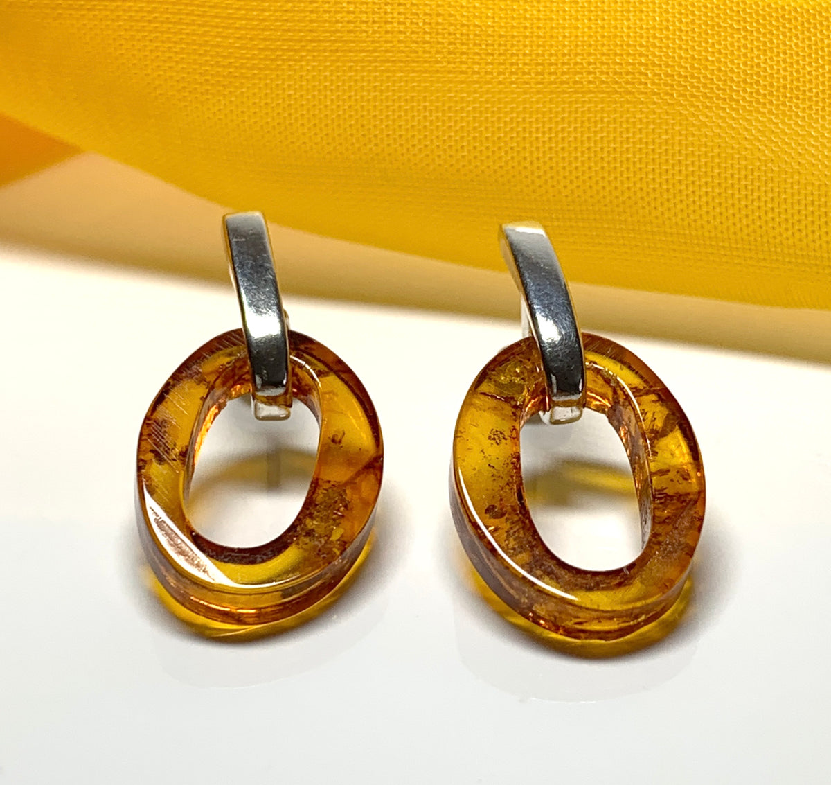 Orange real amber oval open drop earrings sterling silver