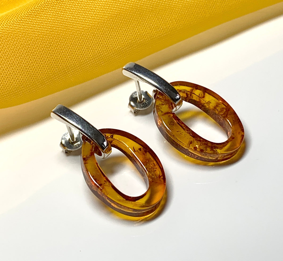 Orange real amber oval open drop earrings sterling silver