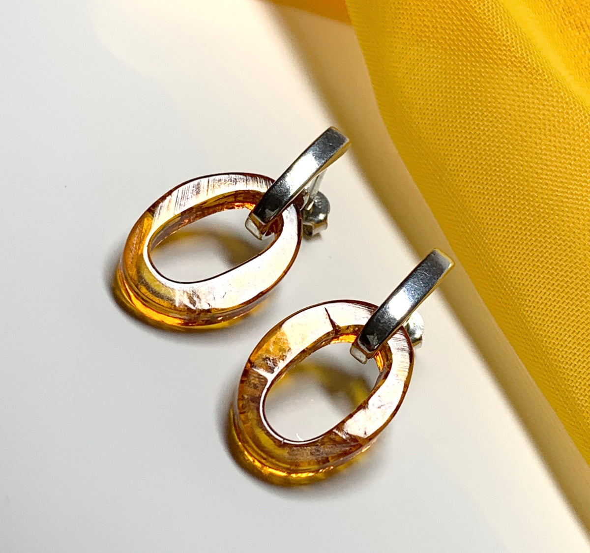 Orange real amber oval open drop earrings sterling silver