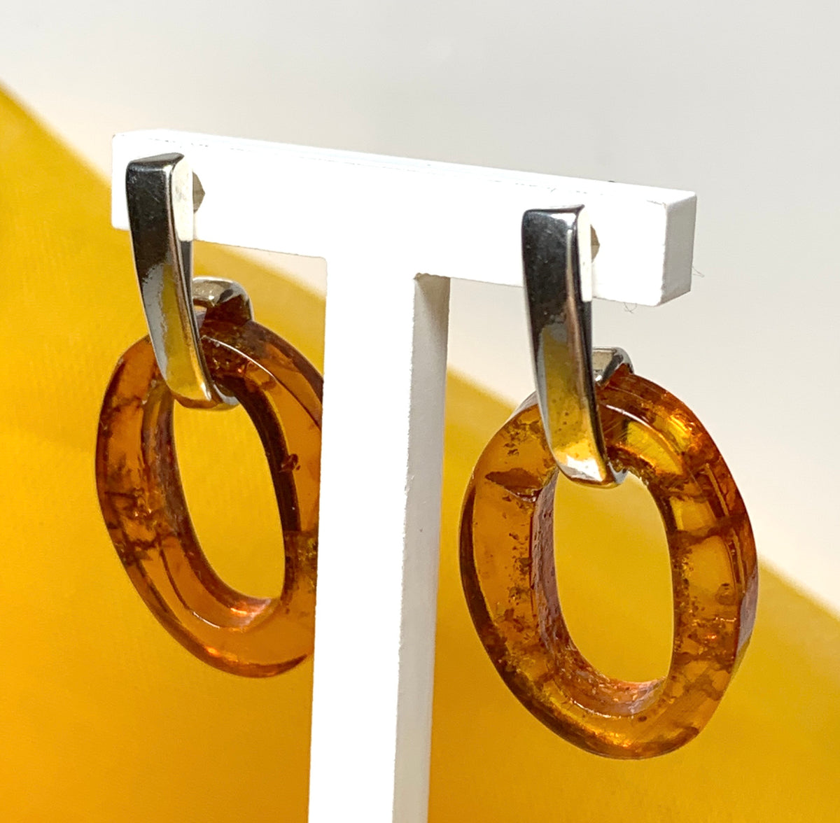 Orange real amber oval open drop earrings sterling silver