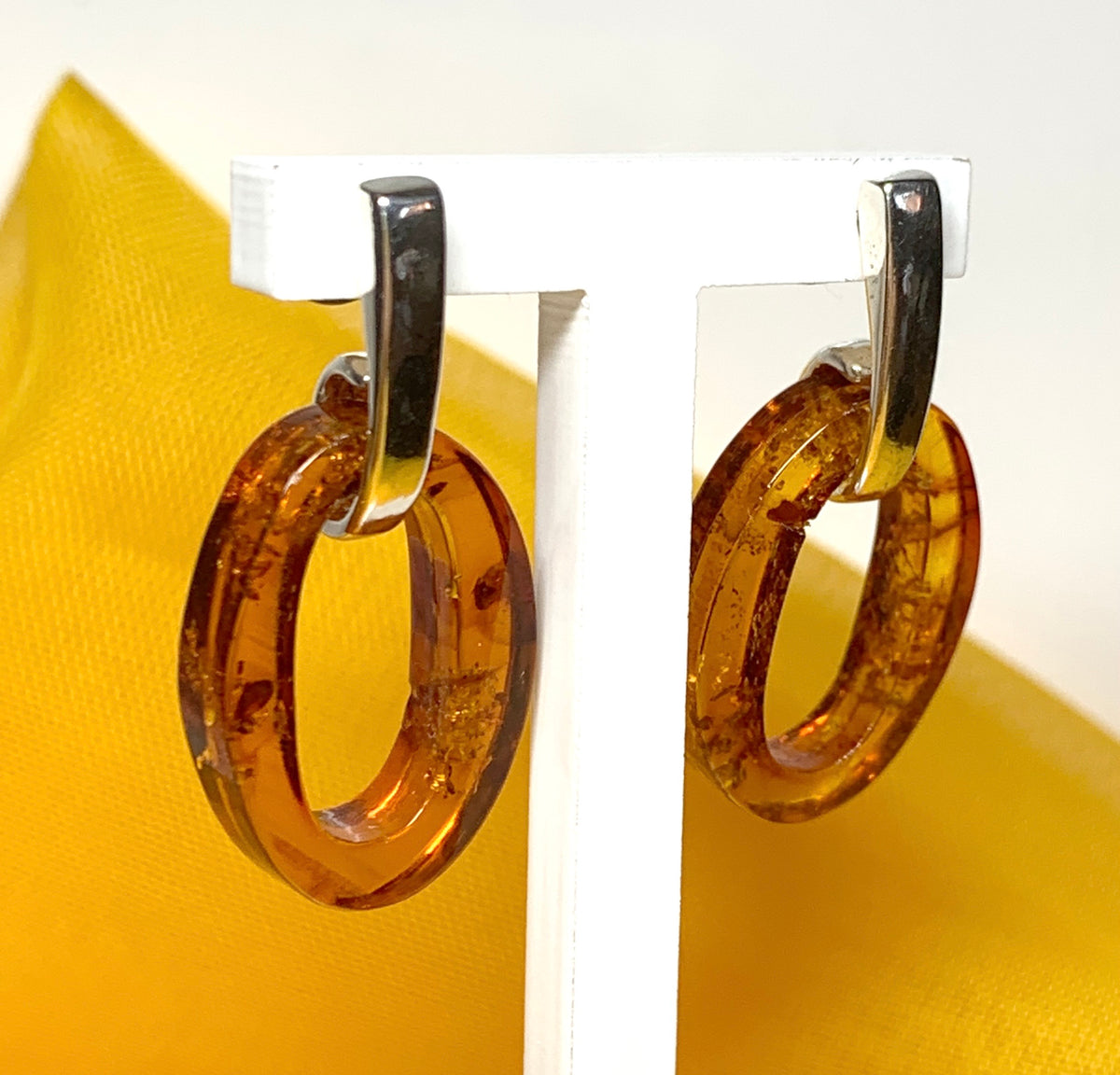 Orange real amber oval open drop earrings sterling silver