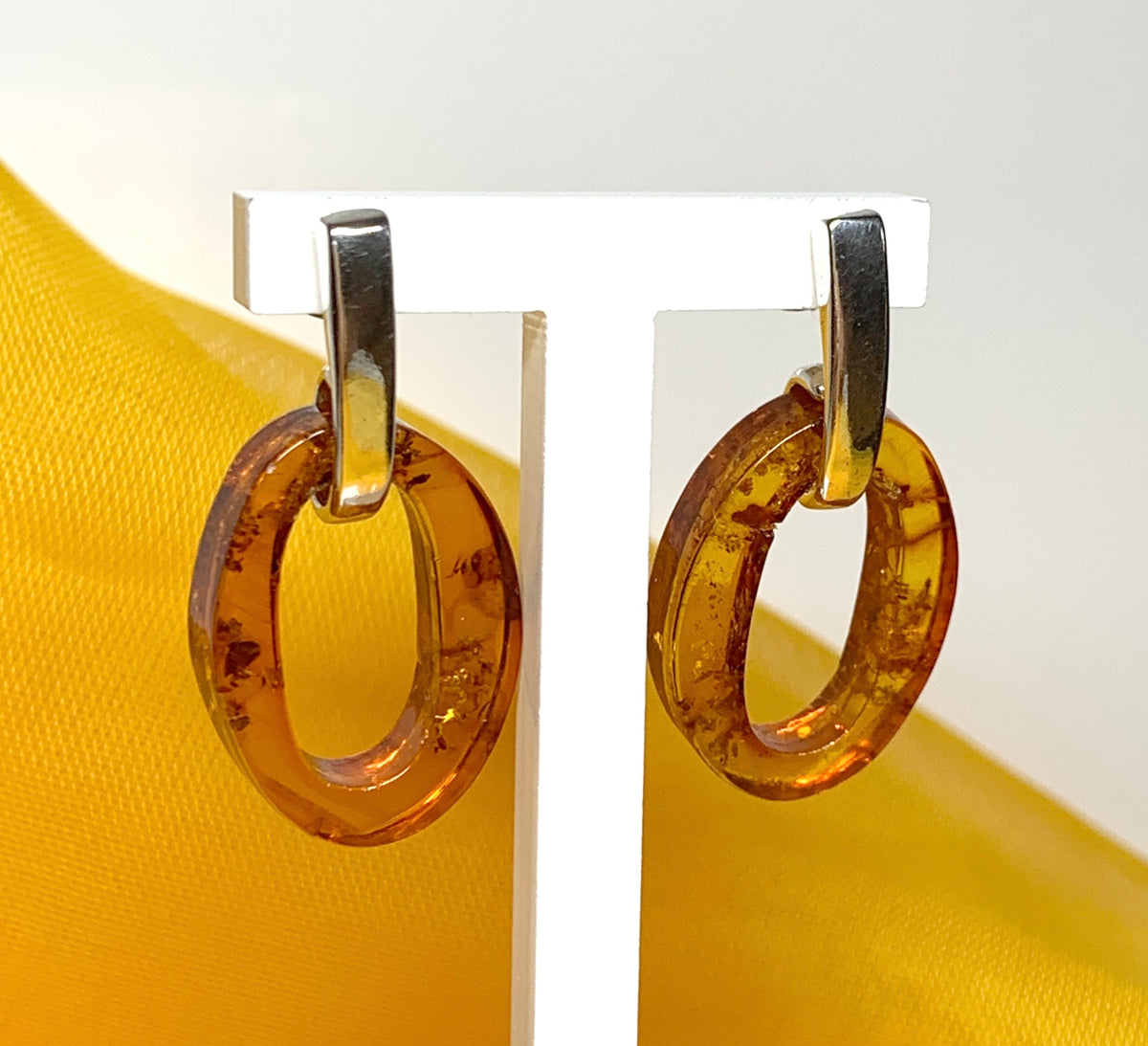 Orange real amber oval open drop earrings sterling silver