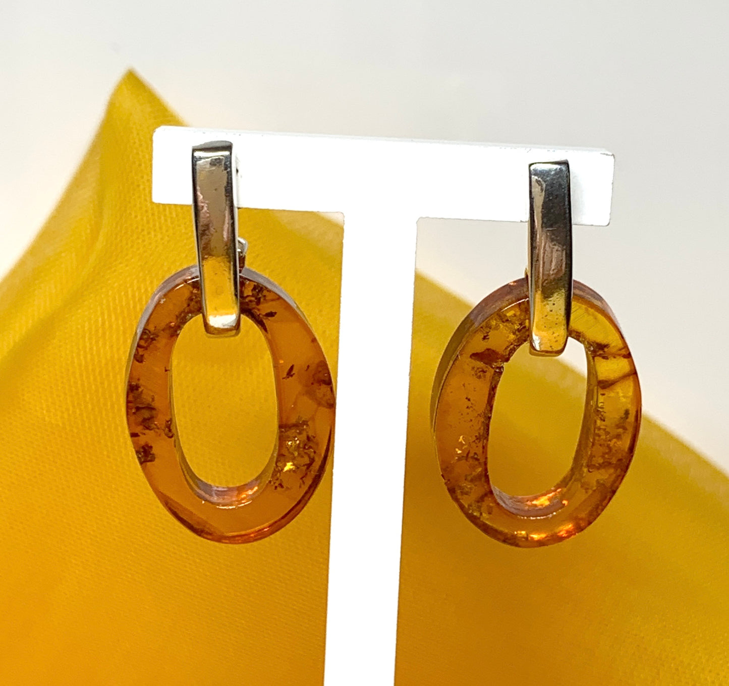 Orange real amber necklace oval open drop pendant sterling silver