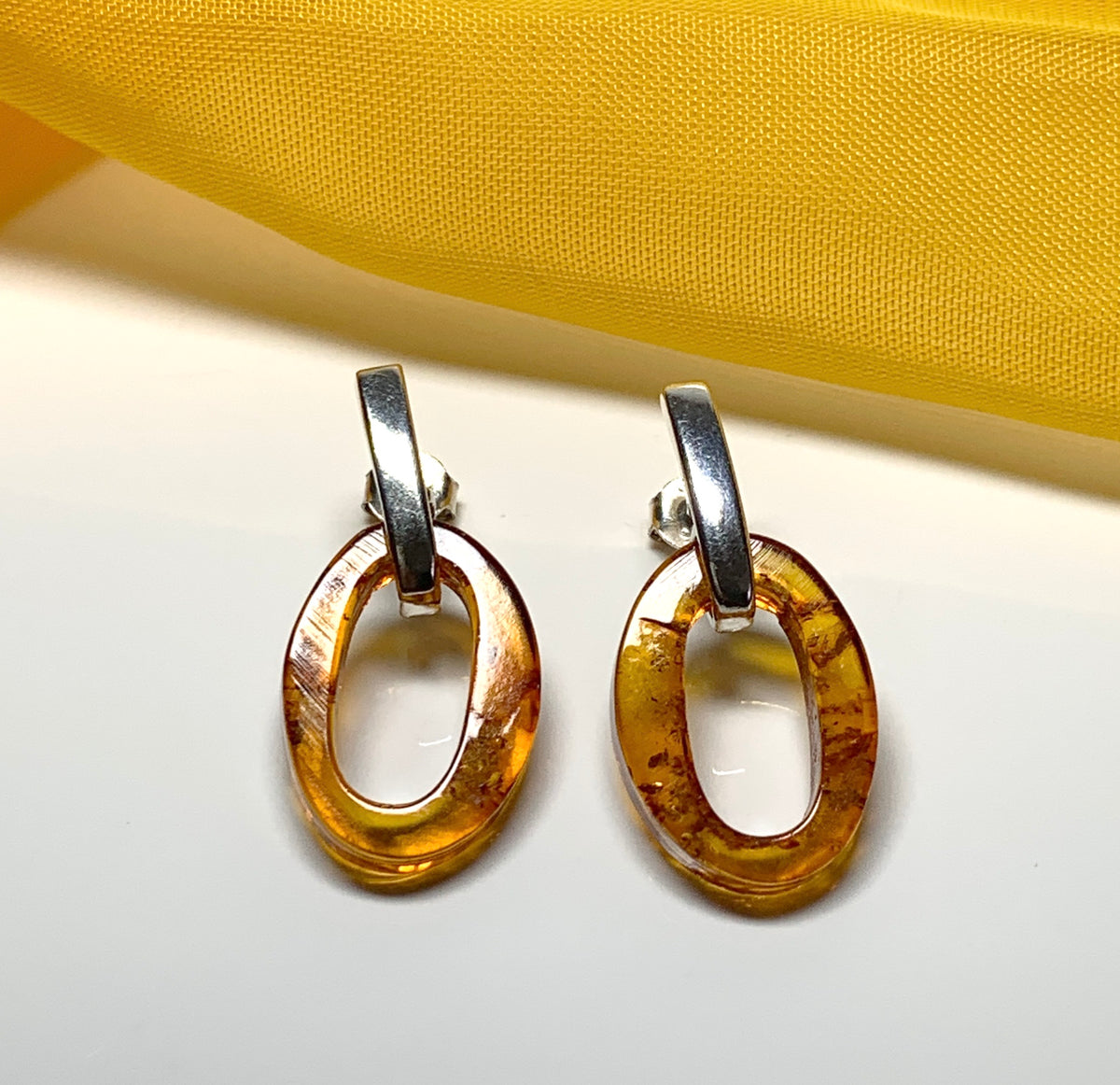 Orange real amber oval open drop earrings sterling silver