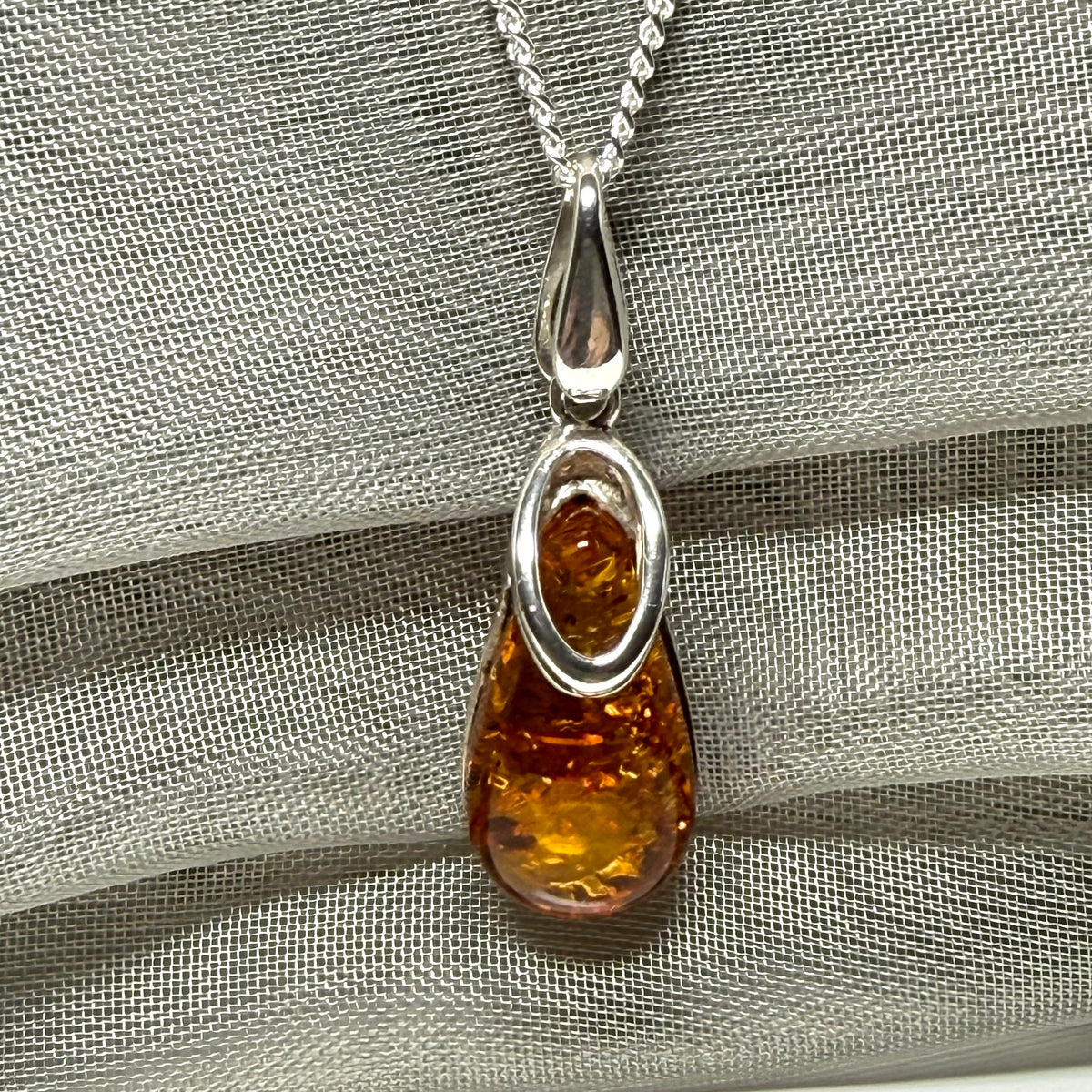 Orange real amber tear drop sterling silver necklace