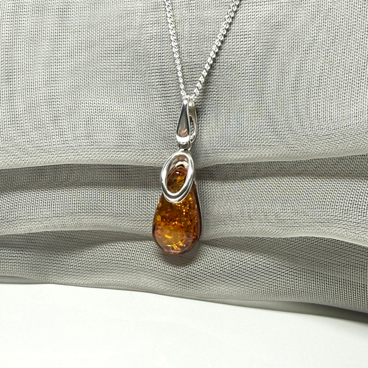 Orange real amber tear drop sterling silver necklace