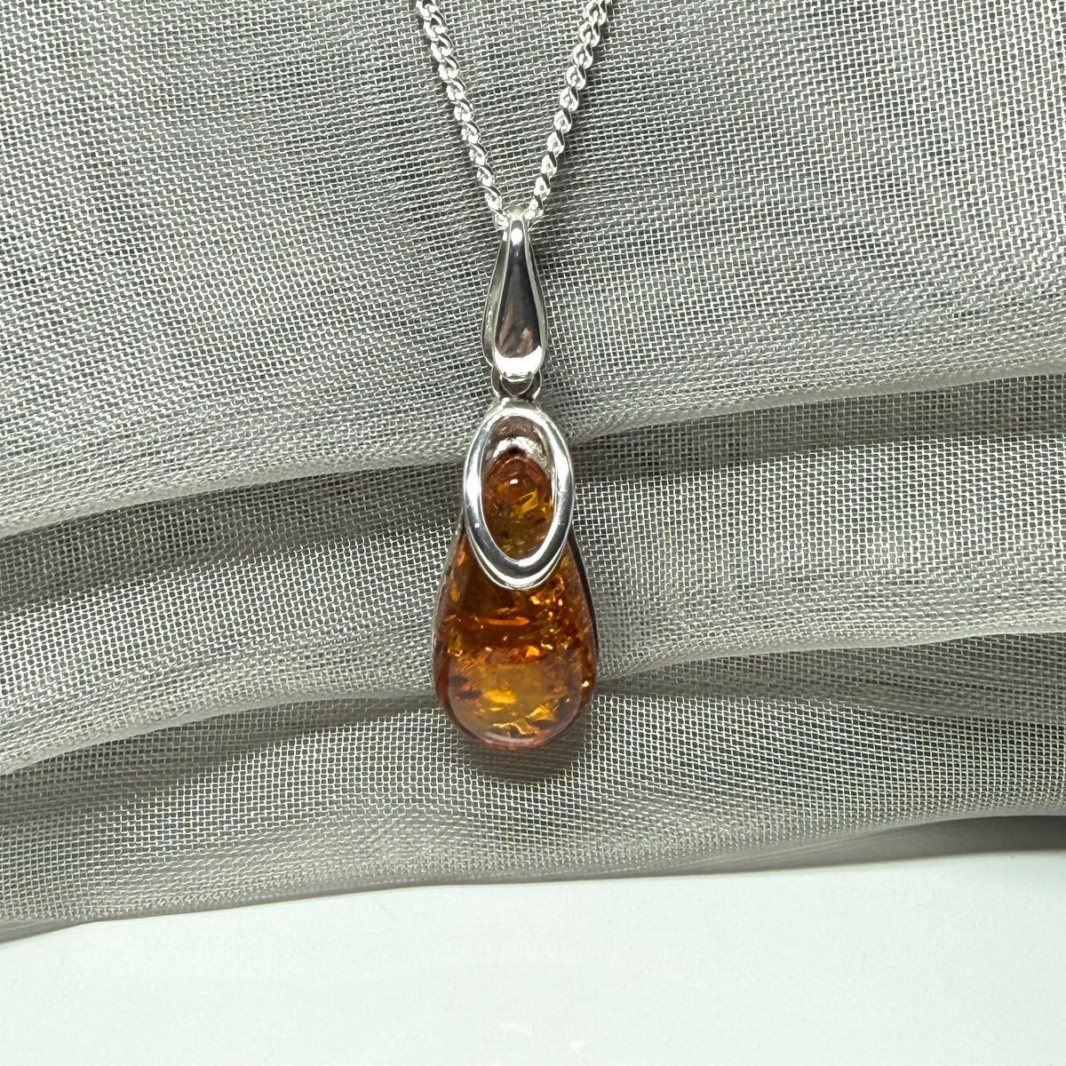 Orange real amber tear drop sterling silver necklace
