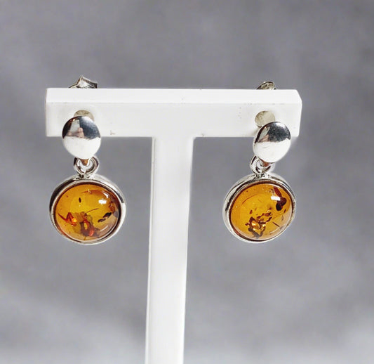 Orange amber round drop sterling silver earrings