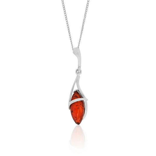 Orange amber petal drop sterling silver necklace