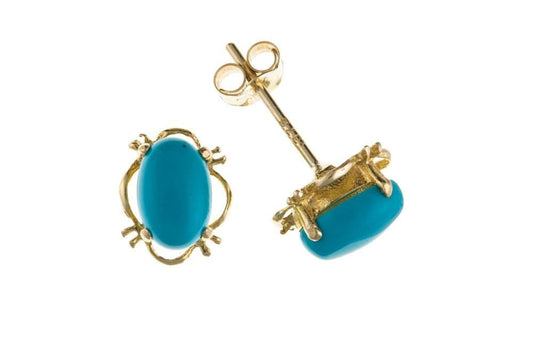 Oval Blue Turquoise Yellow Gold Earrings AP0155