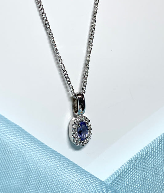 Oval cluster tanzanite and diamond white gold necklace