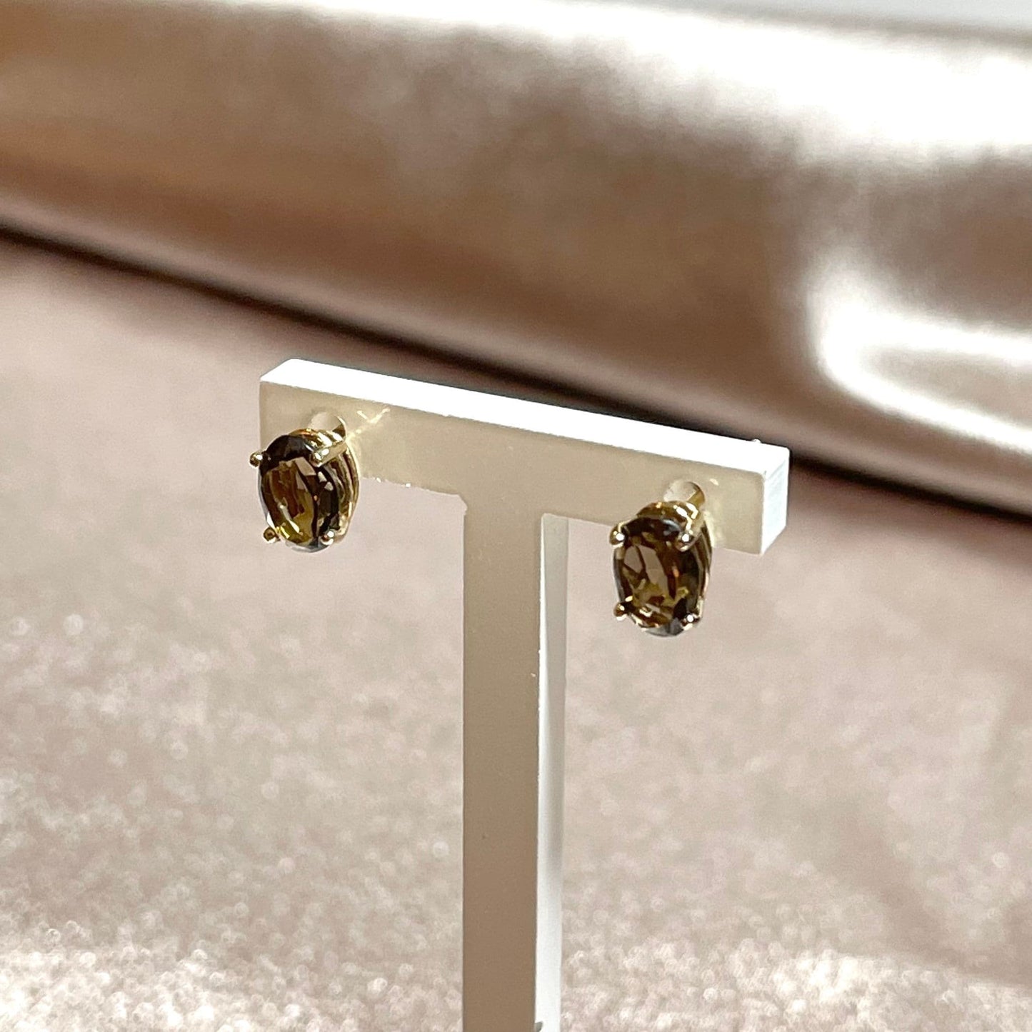 Oval Dark Smoky Quartz Yellow Gold Stud Earrings