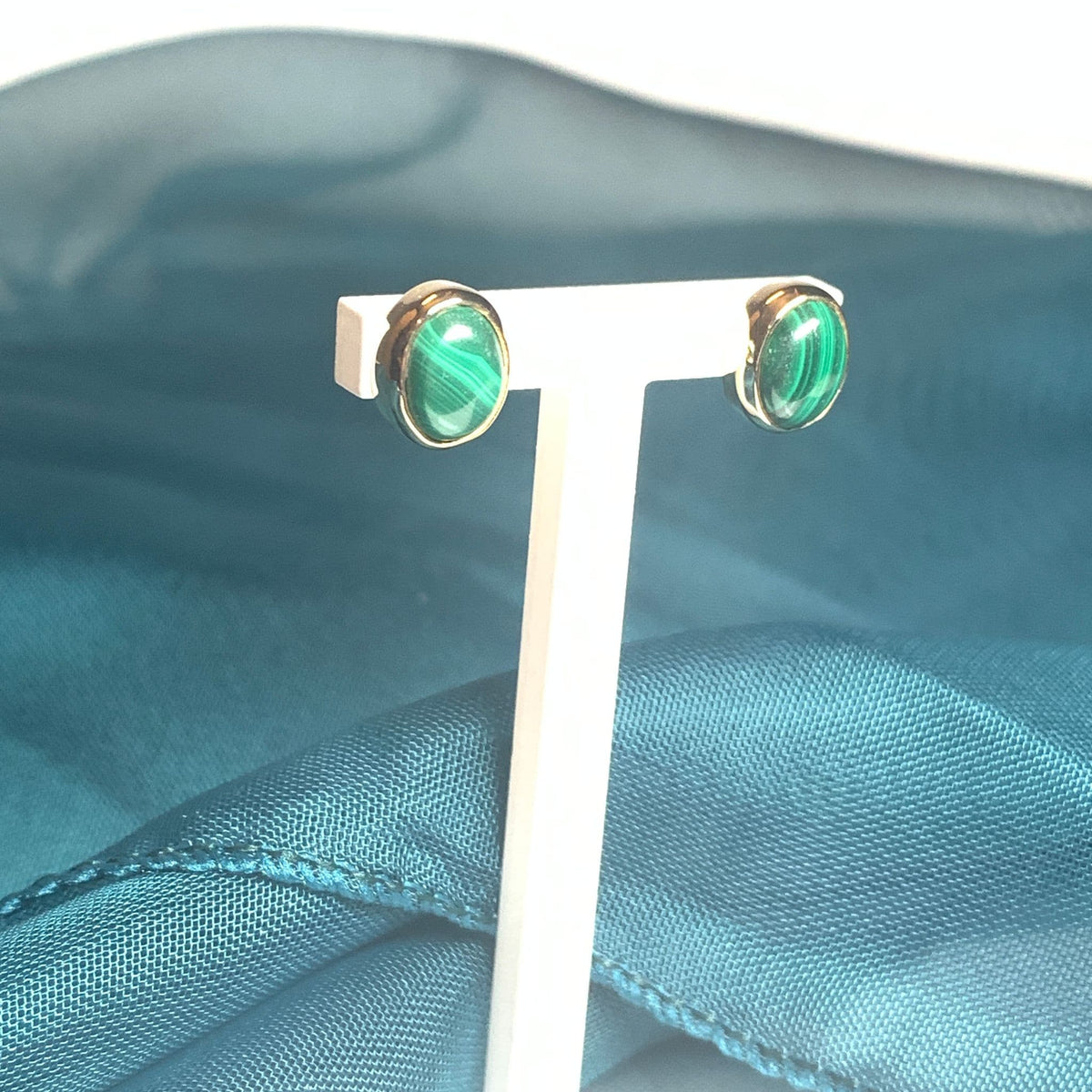 Oval Malachite Yellow Gold Earrings