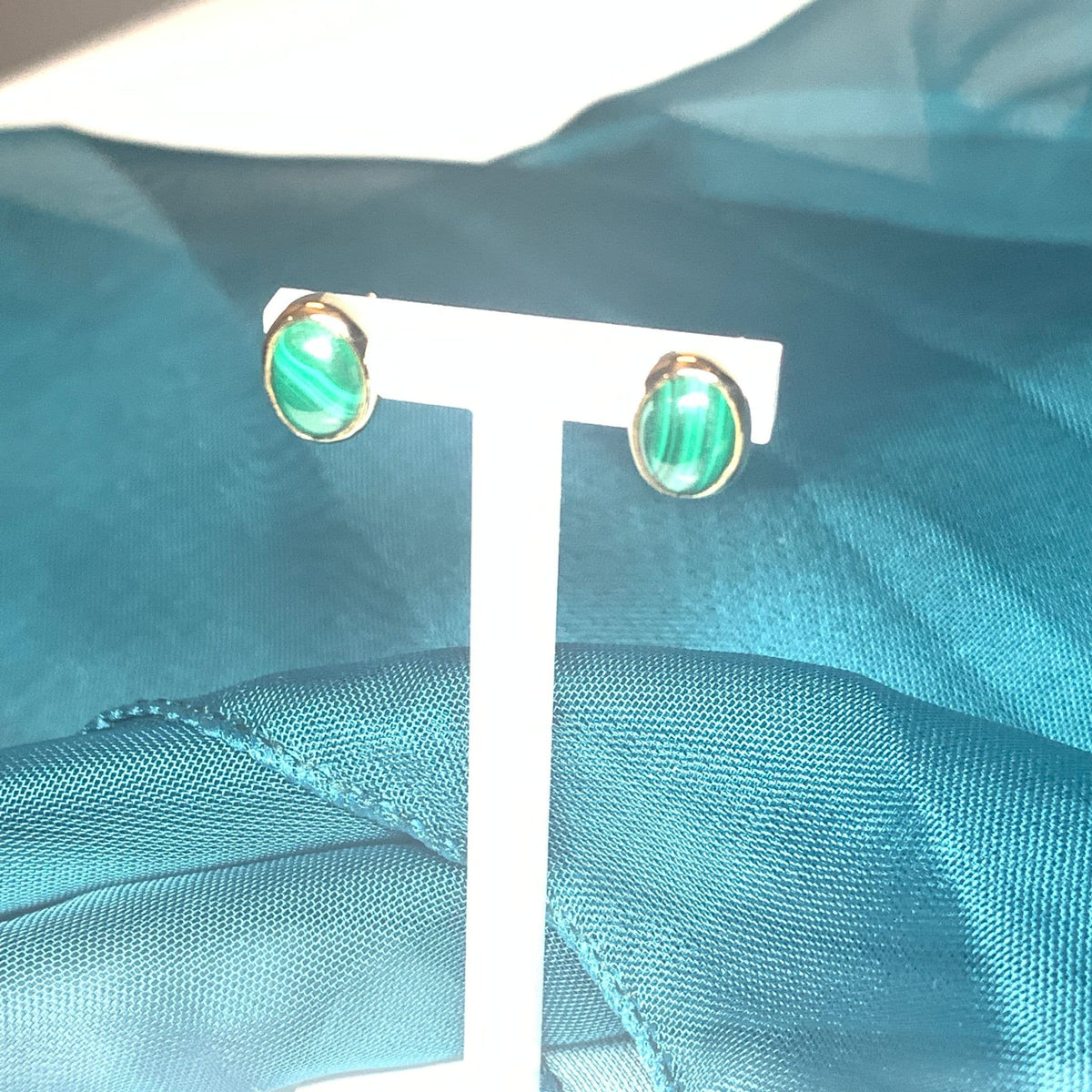 Oval Malachite Yellow Gold Earrings