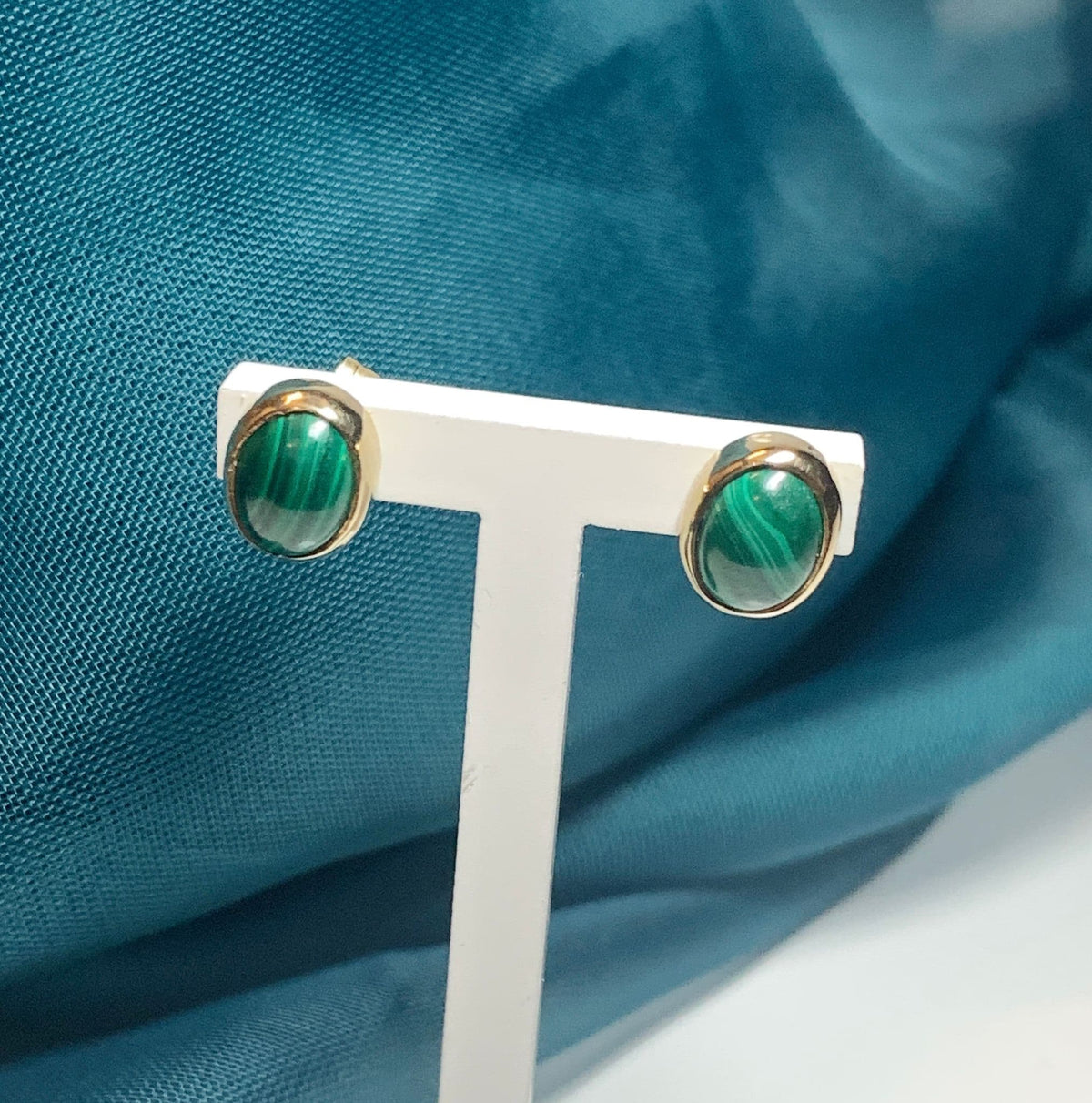 Oval Malachite Yellow Gold Earrings
