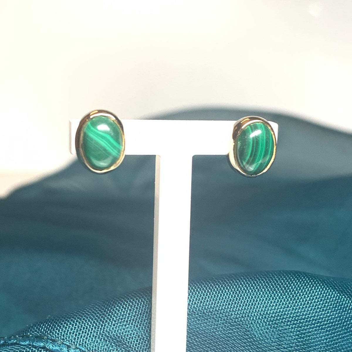 Oval Malachite Yellow Gold Earrings