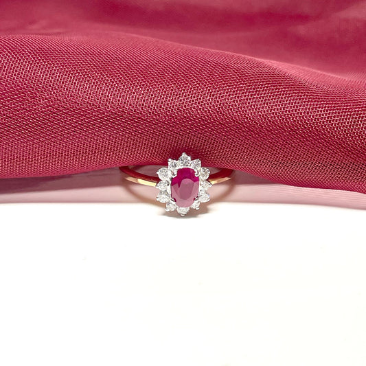 Oval Red Ruby and Diamond Yellow Gold Cluster Ring
