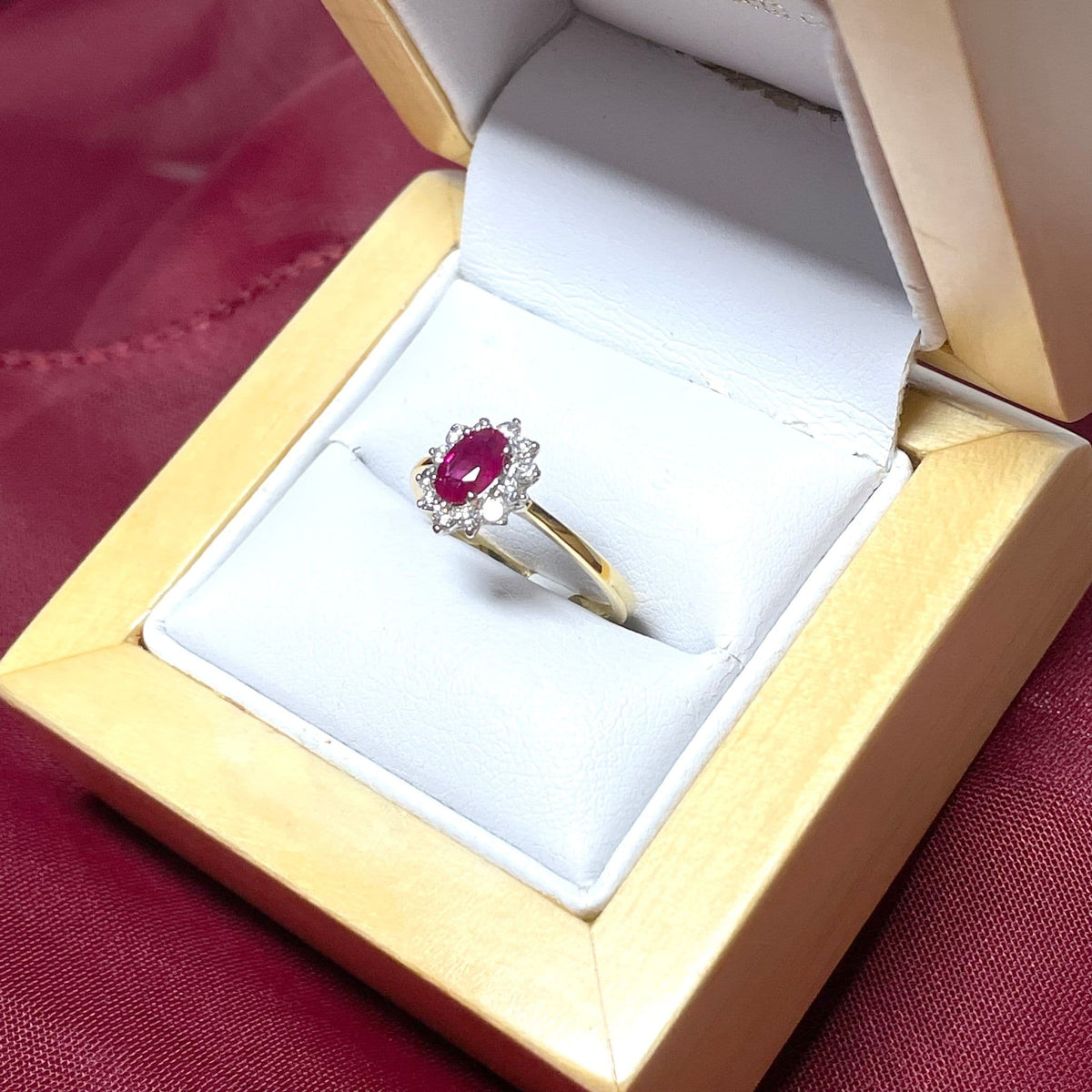 Oval Red Ruby and Diamond Yellow Gold Cluster Ring