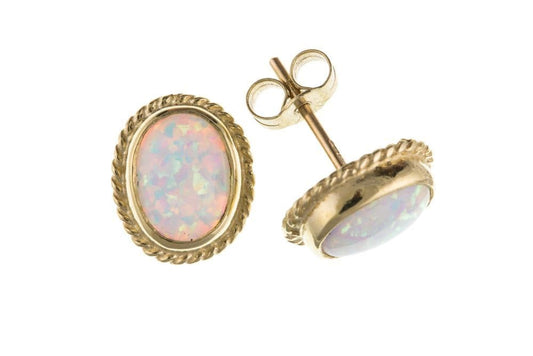 Oval Rope Edged Yellow Gold  Opal Stud Earrings