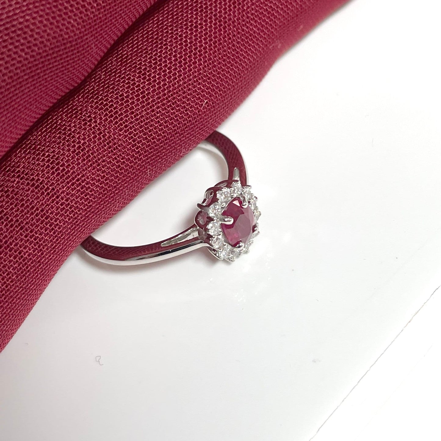 Oval Ruby Red and Diamond White Gold Cluster Ring