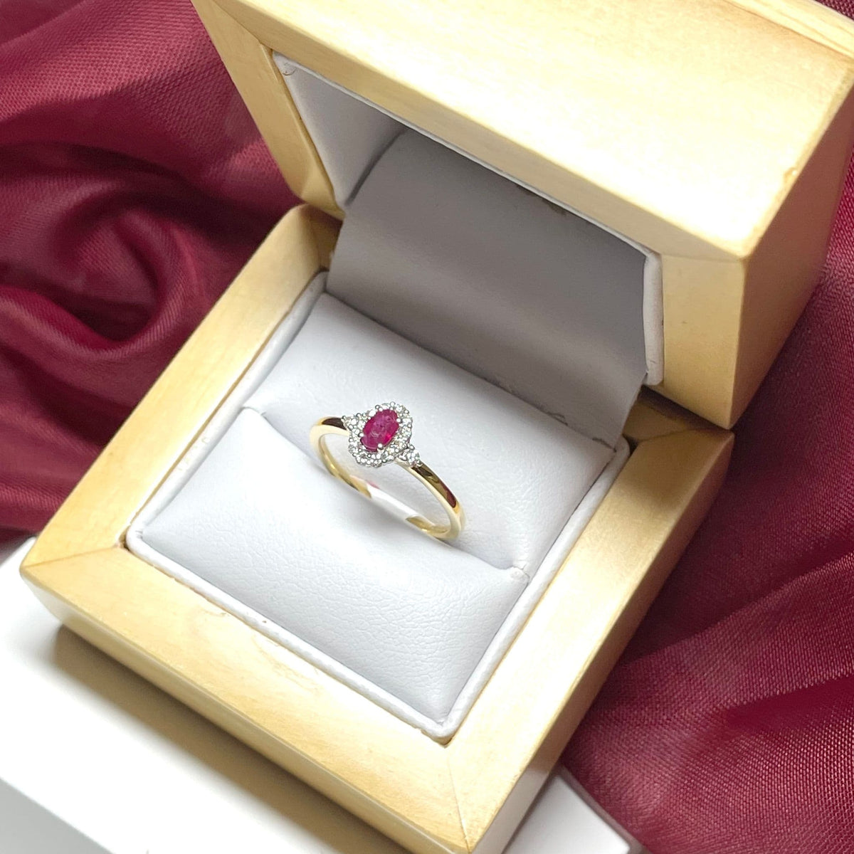 Oval Ruby Red and Diamond Yellow Gold Cluster Ring
