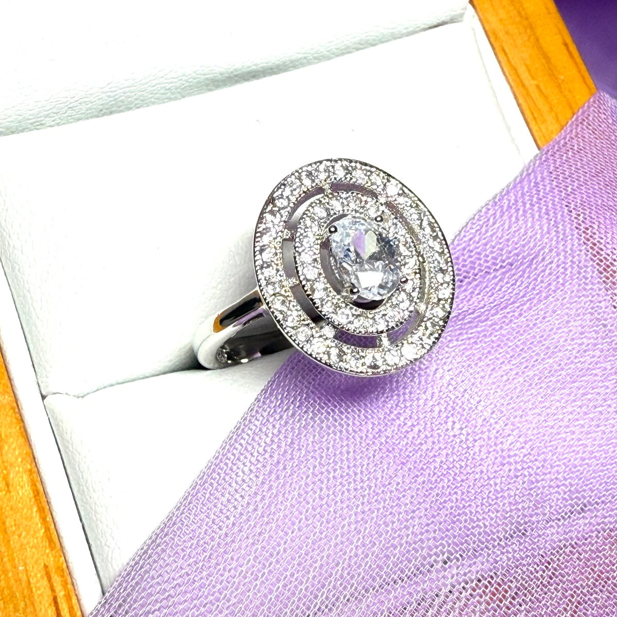 Oval Ladies Sterling Silver Halo Cluster Ring Shaped