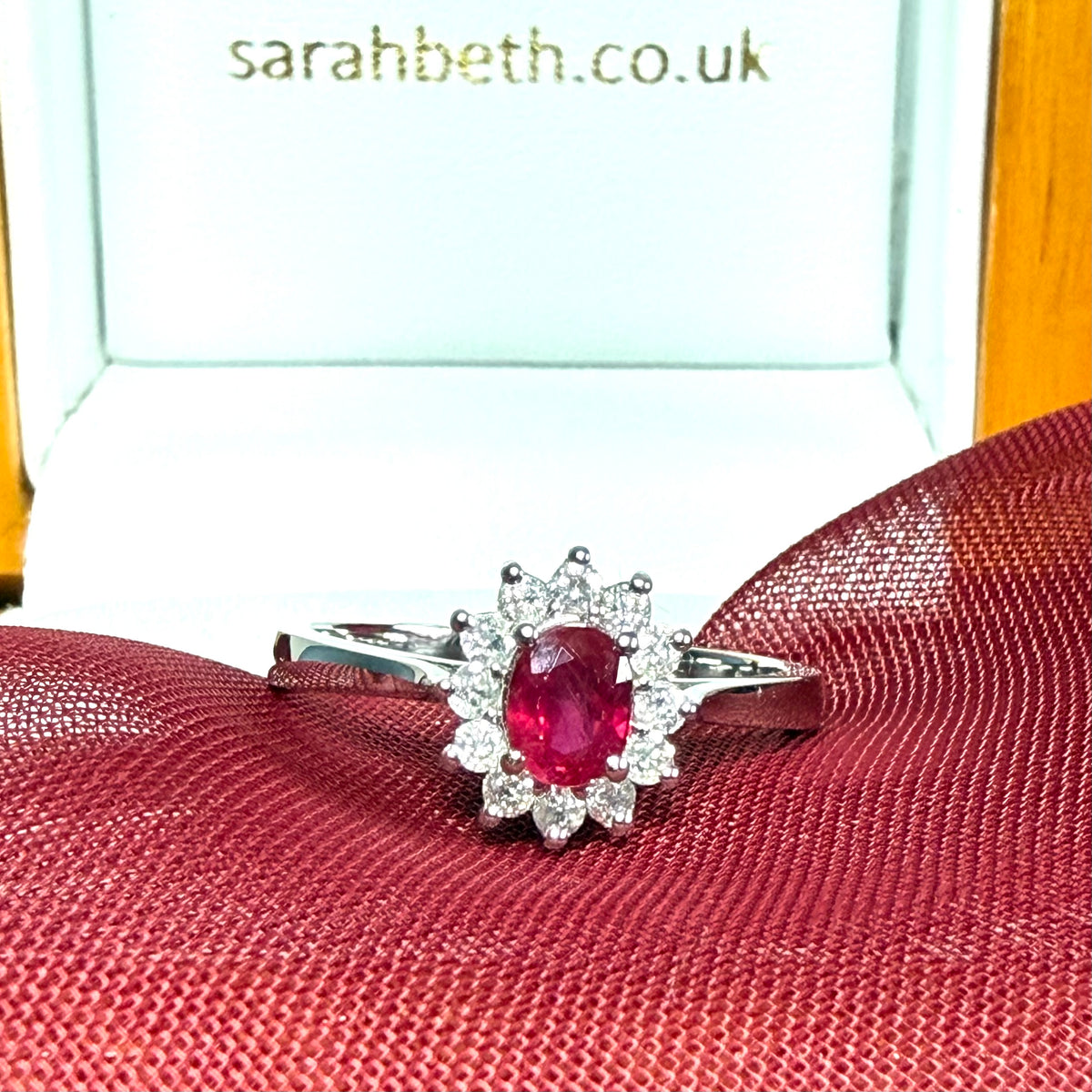 Oval Real Ruby Red and Diamond White Gold Cluster Ring