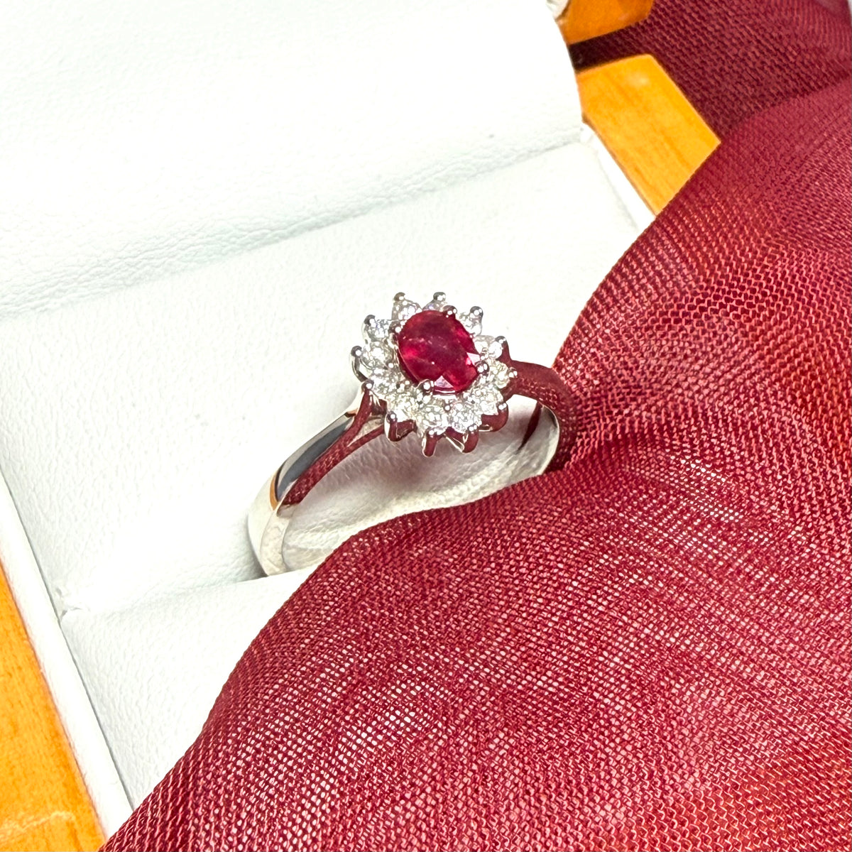 Oval Real Ruby Red and Diamond White Gold Cluster Ring