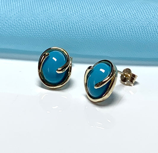Oval blue yellow gold turquoise stud earrings