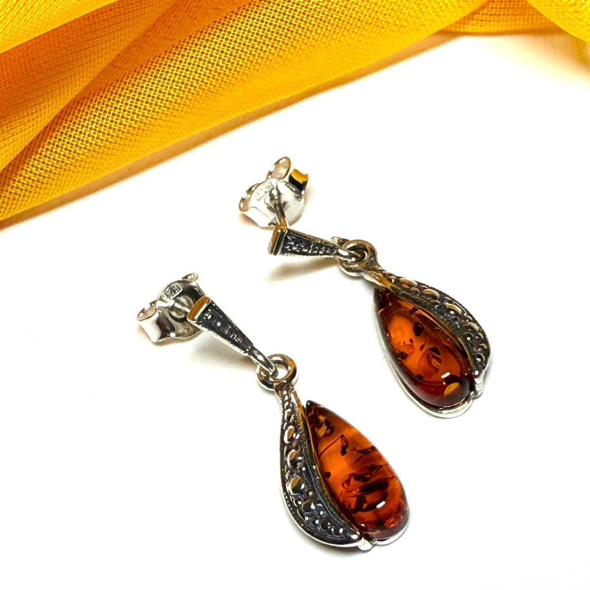 Oval real amber sterling silver fancy drop earrings