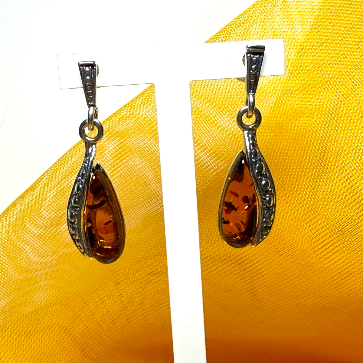 Oval real amber sterling silver fancy dropped earrings