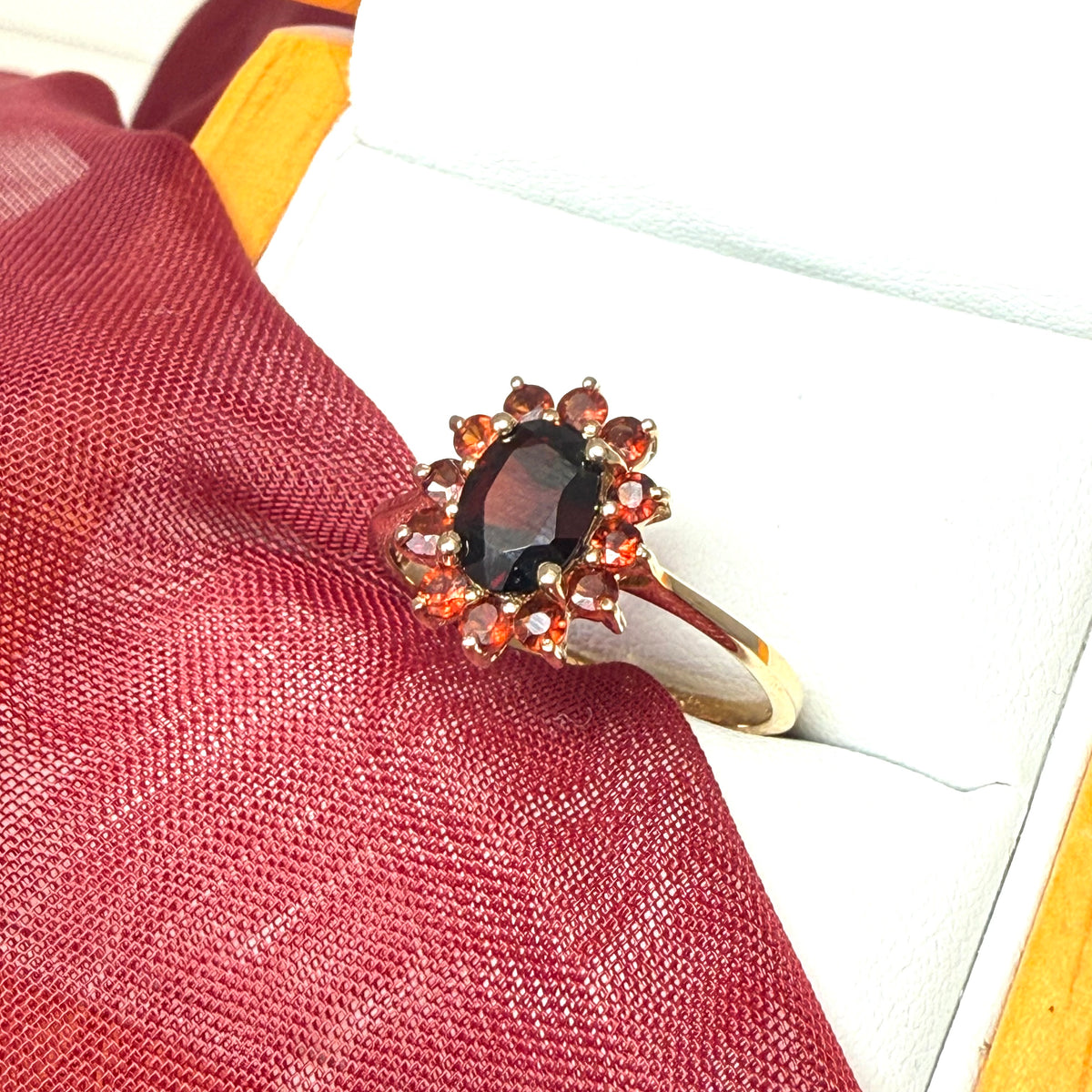 Oval real garnet cluster ring yellow gold