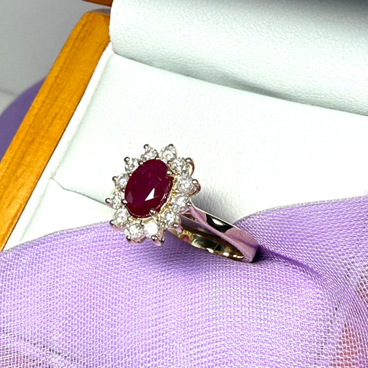 Oval red real ruby and diamond yellow gold cluster ring
