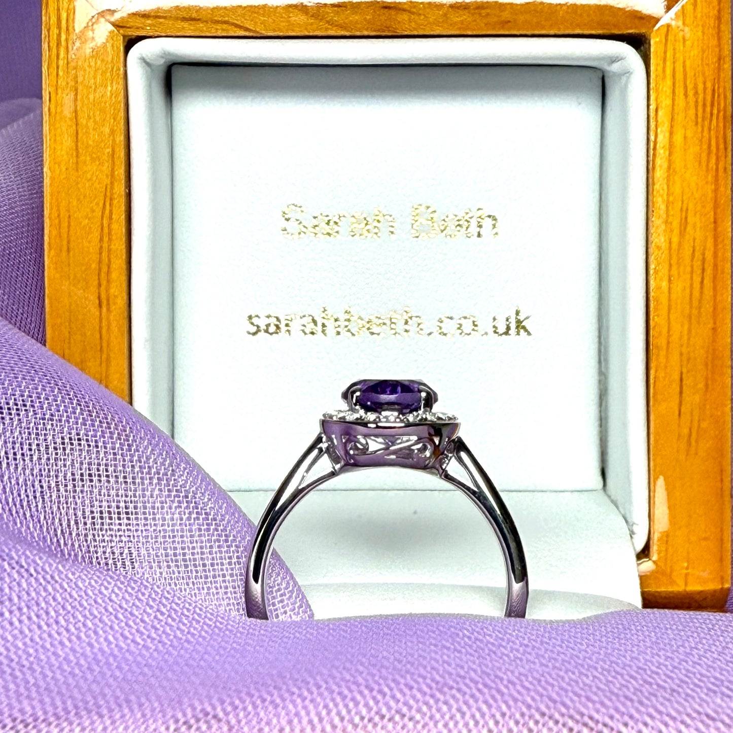 Oval shaped cluster ring purple real amethyst and cubic zirconia sterling silver