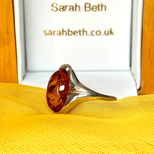 Oval shape sterling silver real amber ring fancy setting