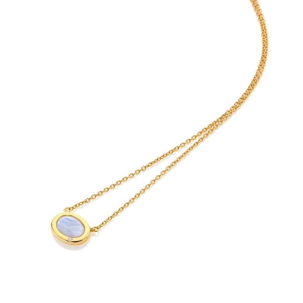 Oval shaped necklace real blue agate and diamond pendant