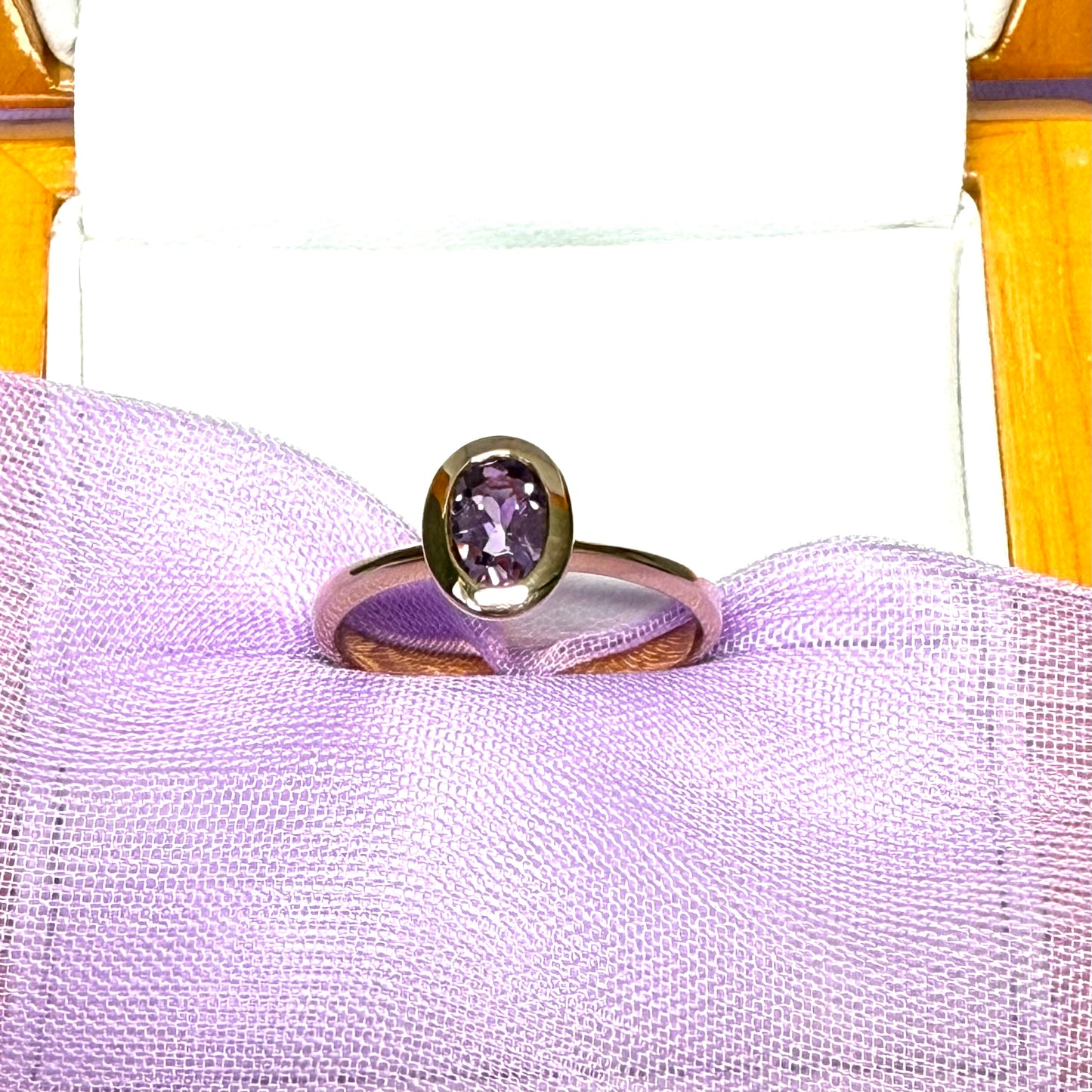 Oval shaped real amethyst yellow gold dress ring